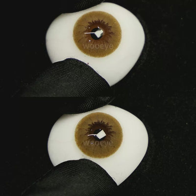 A simulated brown prosthetic eye showing the visual transformation effect of wearing Latte Brown colored contact lenses against a black background.