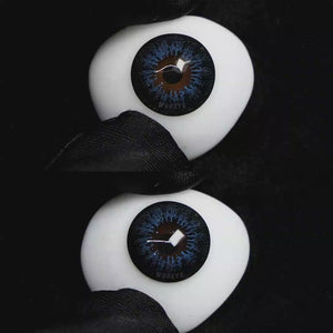 A simulated brown prosthetic eye showing the visual transformation effect of wearing Wooeye Pearl Blue colored contact lenses against a black background.
