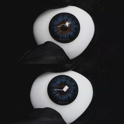 A simulated brown prosthetic eye showing the visual transformation effect of wearing Wooeye Pearl Blue colored contact lenses against a black background.