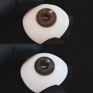 Lemon Green contact lenses on a brown simulated eyeball with a black background