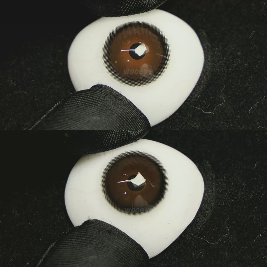 A simulated brown prosthetic eye showing the visual transformation effect of wearing Acorn Black Grey colored contact lenses against a black background.