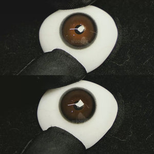A simulated brown prosthetic eye showing the visual transformation effect of wearing Acorn Black Grey colored contact lenses against a black background.