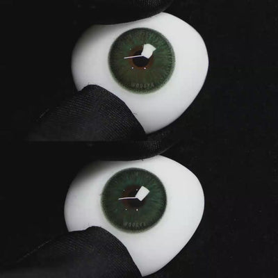 A simulated brown prosthetic eye showing the visual transformation effect of wearing Wooeye Elf Green colored contact lenses against a black background.