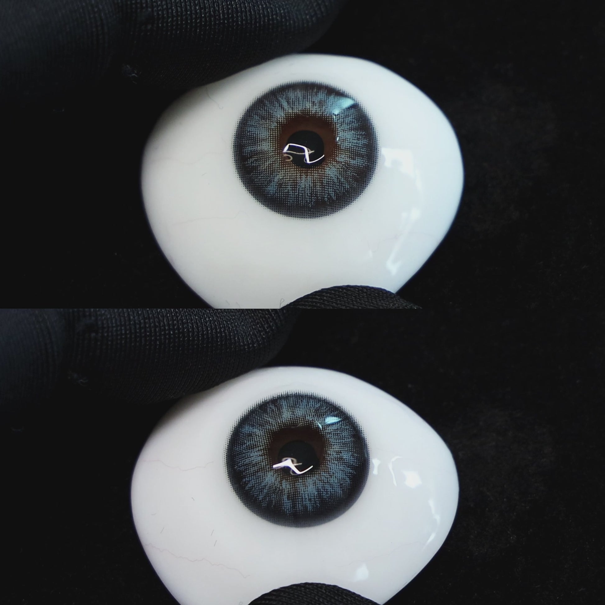 Omg Green contact lenses on a brown simulated eyeball with a black background