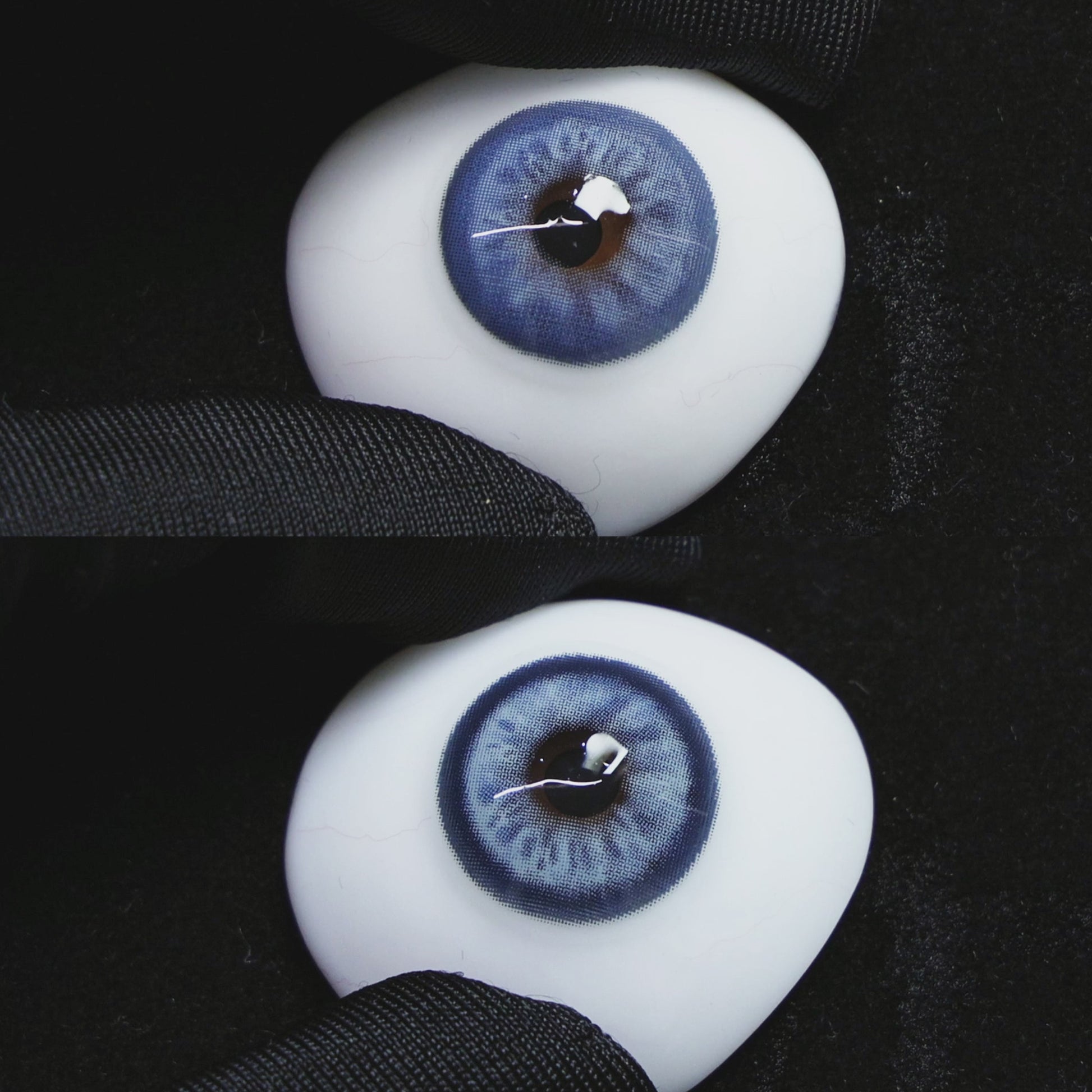 Mystery Blue contact lenses on a brown simulated eyeball with a black background