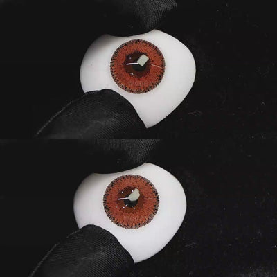 A simulated brown prosthetic eye showing the visual transformation effect of wearing Wooeye Cream Autumn Sycamore Brown colored contact lenses against a black background.