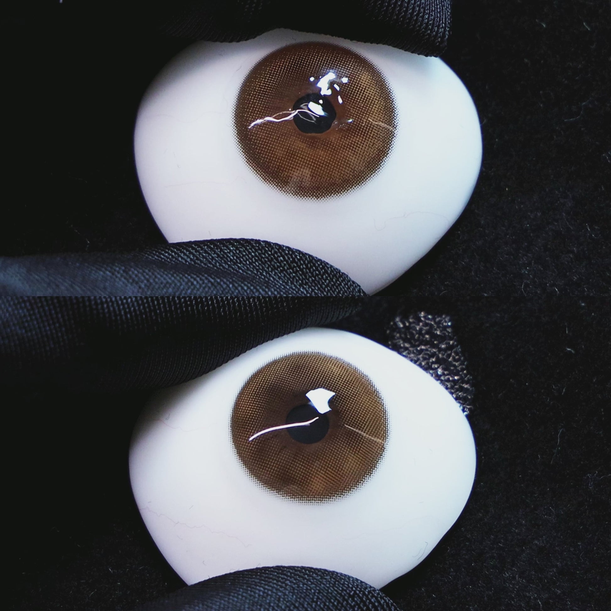 Master Grey contact lenses on a brown simulated eyeball with a black background