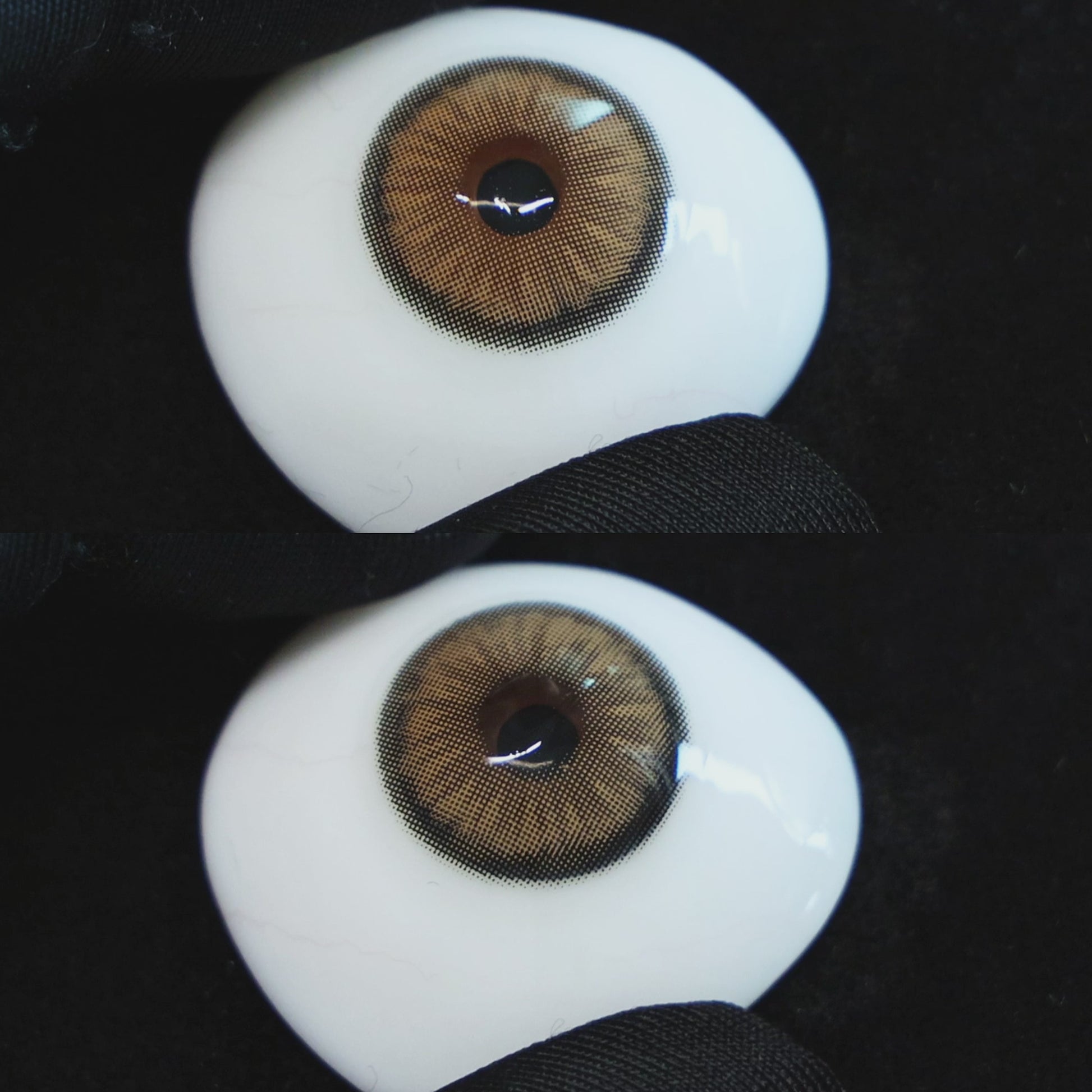 Sugar Brown contact lenses on a brown simulated eyeball with a black background