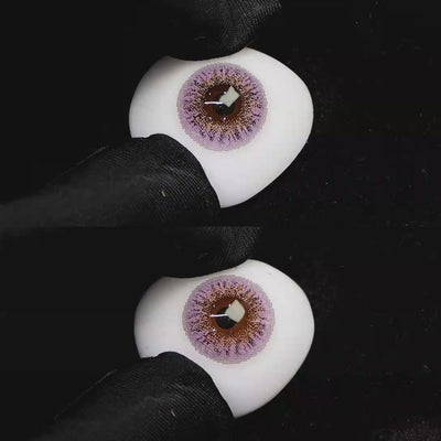 A simulated brown prosthetic eye showing the visual transformation effect of wearing Wooeye Freedom Purple colored contact lenses against a black background.