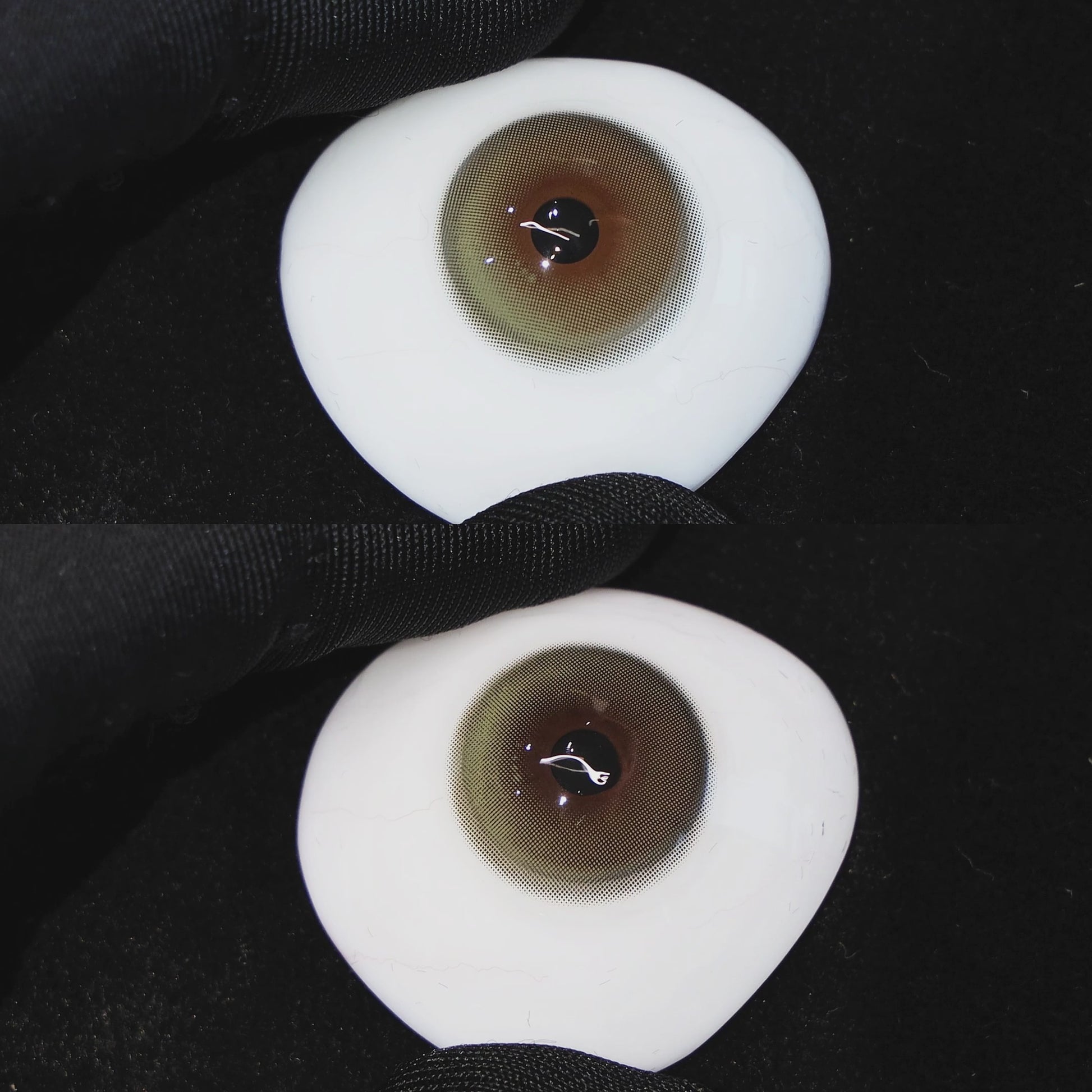 Master Green contact lenses on a brown simulated eyeball with a black background