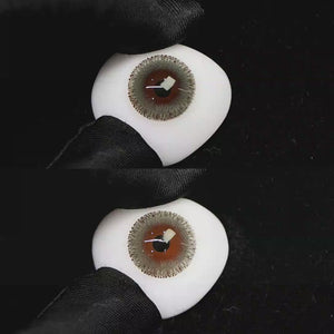 A simulated brown prosthetic eye showing the visual transformation effect of wearing Wooeye Cream Oat Gray colored contact lenses against a black background.