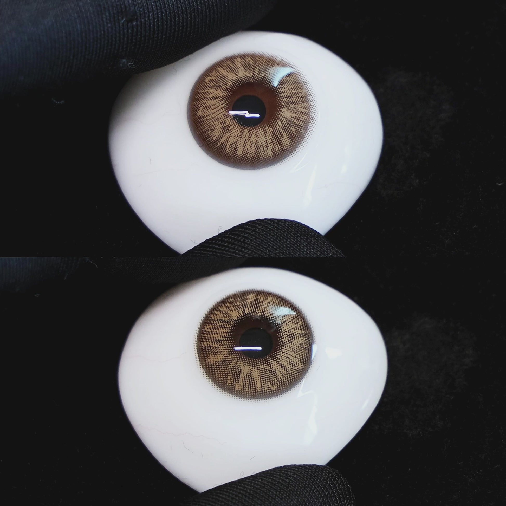 Omg Brown contact lenses on a brown simulated eyeball with a black background