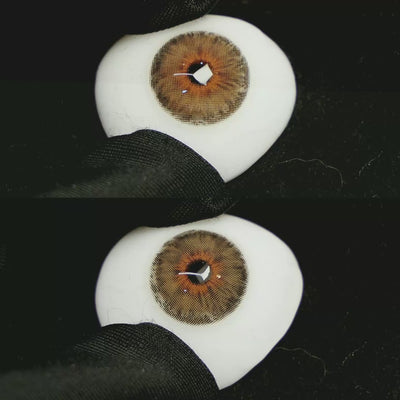 A simulated brown prosthetic eye showing the visual transformation effect of wearing Mermaid Brown colored contact lenses against a black background.