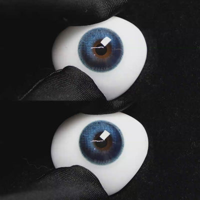 A simulated brown prosthetic eye showing the visual transformation effect of wearing Wooeye Soul Blue colored contact lenses against a black background.
