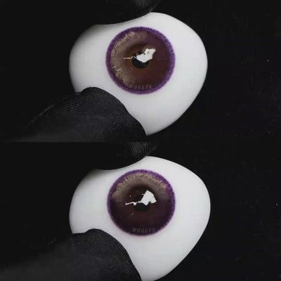 A simulated brown prosthetic eye showing the visual transformation effect of wearing Wooeye Bubbles Purple colored contact lenses against a black background.