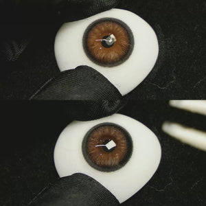 A simulated brown prosthetic eye showing the visual transformation effect of wearing Acorn Lily Grey colored contact lenses against a black background.
