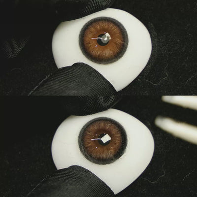 A simulated brown prosthetic eye showing the visual transformation effect of wearing Acorn Lily Grey colored contact lenses against a black background.