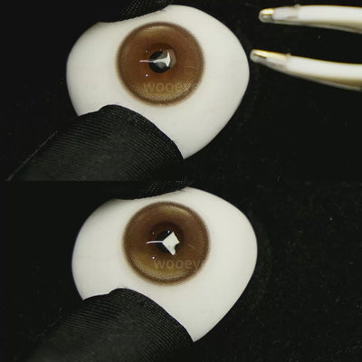 A simulated brown prosthetic eye showing the visual transformation effect of wearing Honeycomb Brown colored contact lenses against a black background.