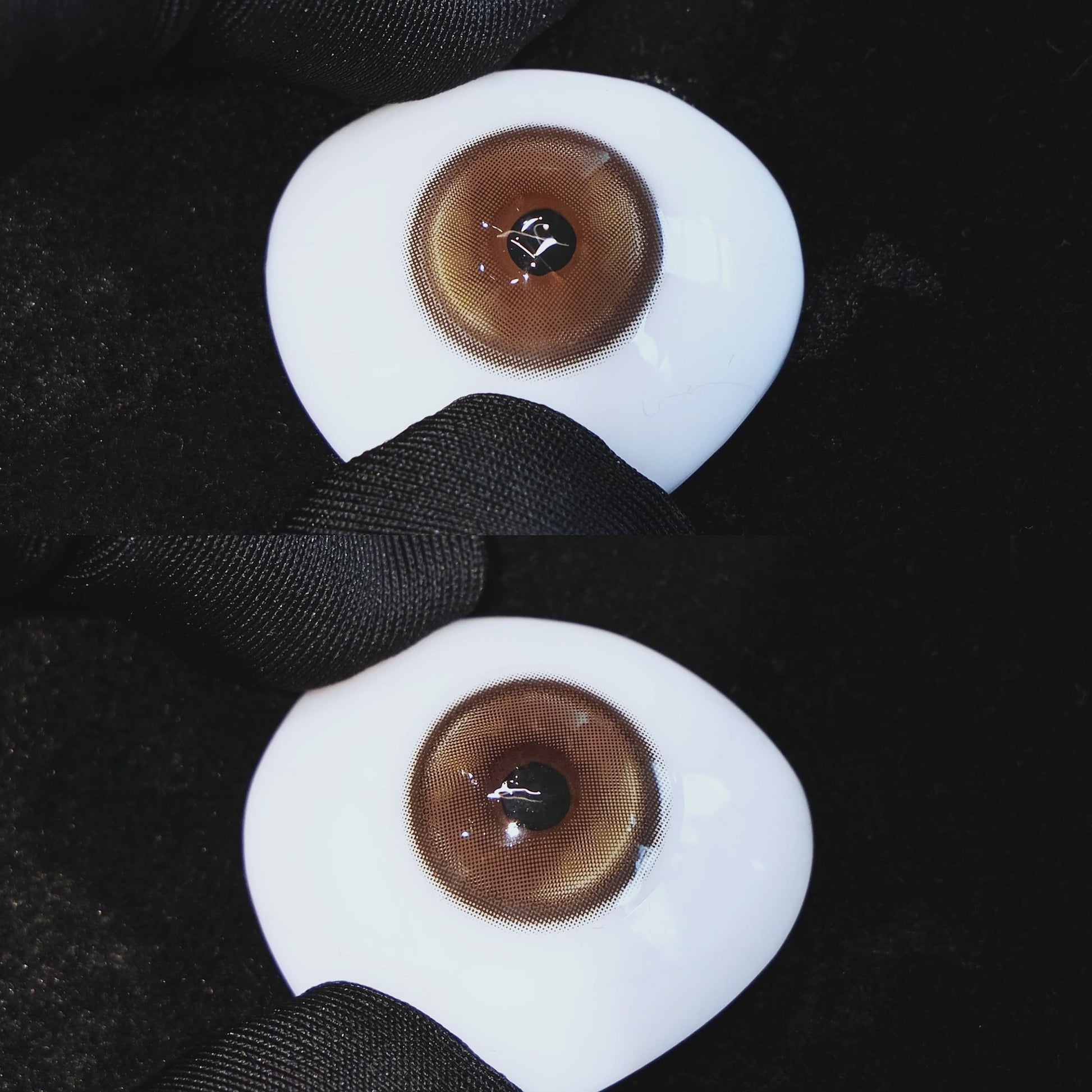 Master Tea Brown contact lenses on a brown simulated eyeball with a black background